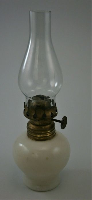Vintage Miniature Milk Glass Oil Lamp With Glass Chimney