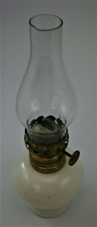Vintage Miniature Milk Glass Oil Lamp with glass Chimney 2