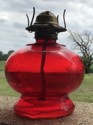 Vintage Ruby Red Glass Oil Lamp 6 1/2 X 7 1/2” No Shade