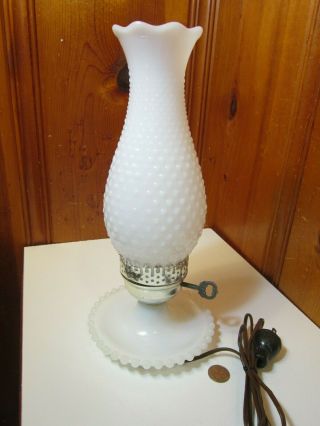 Vintage White Milk Glass Hobnail Hurricane Parlor Vanity Dresser Lamp 13 1/2 " H