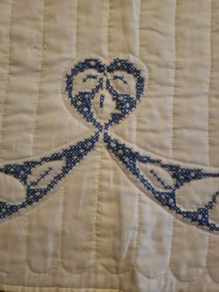 Vintage Cross Stitch Quilt 96 x 92 / Hand Made Swags,  Flowers White Blue 2