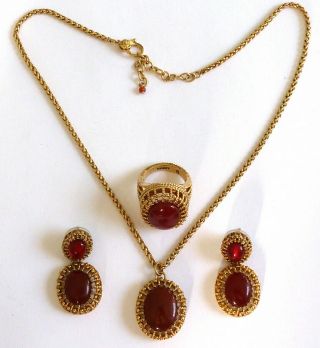 A Vintage 1980s Monet Gold Tone Necklace,  Ring & Pierced Earrings,  Red Glass