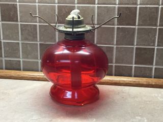 Vintage Ruby Red Glass Oil Lamp 6 1/2 X 7 1/2” Has Bracket For 8” Shade