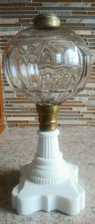 Vintage 19th C.  Large Prism Band Oil Kerosene Lamp Look Milk Glass Base