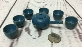 Vintage Childs Miniature Wooden Tea Set Doll House Tea Pot And 6 Cups Blue Mcm