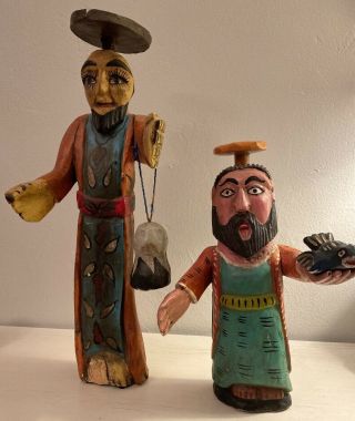 Vintage Mexican Folk Art Hand Carved Wooden Santos,  Pair,  Hand Painted