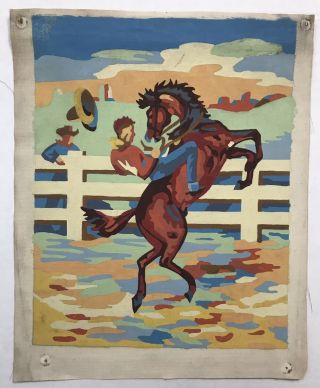 Vintage Paint By Number Cowboy “rodeo” Palmer Pann 1953 Midcentury Oil On Canvas