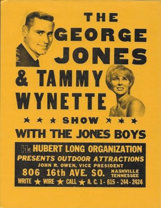 Vintage 8 1/2 X 11 " Promotional Flyer: George Jones & Tammy Wynette 60s