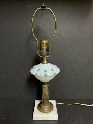 Vintage Fenton White Opalescent Coin Dot Brass Table Lamp,  Marble Base