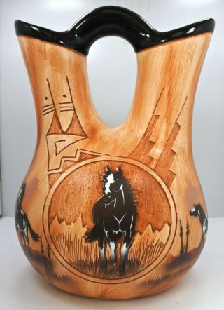 James Benally Navajo Native American Indian Pottery Wedding Vase Signed Horse 8 "
