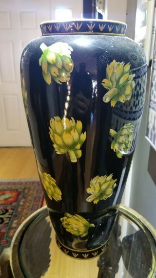 Maitland Smith Large Decorative Vase.  Black / Green/yellow Artichoke Design