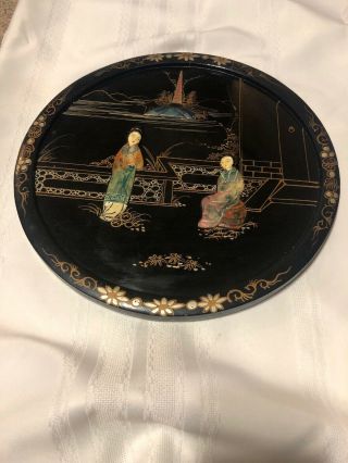 Vintage Japanese Wood Wall Art Round Black Lacquer Mother Of Pearl 14” Round