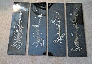 4 Chinese Black Lacquer Wood Mother Of Pearl Wall Hanging 26x8