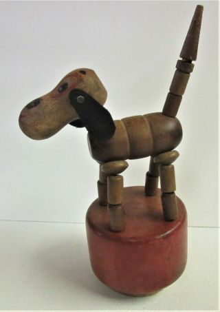 Vintage Wooden Toy,  Jointed Push Puppet Dog,  By Wakauwa,  Moves When Pushed Up