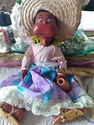 Vintage Mexican Woman Marionette Folk Art Wooden Sombrero String Puppet
