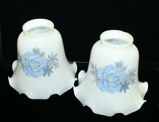 2 Vintage White Glass Light Fan Shade Covers Bell Ruffled Blue Roses 4 1/2 "