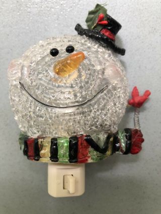 Night Light Snowman In Top Hat W/ Bouncing Cardinal Plug In Switch On Christmas