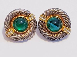 Vintage Givenchy Two - Tone Logo Green Glass Cabochon Round Clip - On Earrings