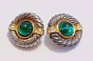 Vintage Givenchy Two - Tone Logo Green Glass Cabochon Round Clip - On Earrings 2