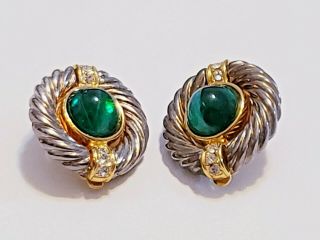 Vintage Givenchy Two - Tone Logo Green Glass Cabochon Round Clip - On Earrings 3