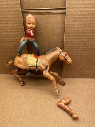 Old Vintage 1940s - 1950s Occupied Japan Wind - Up Toy Celluloid Cowboy On Horse