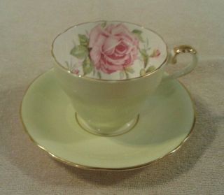 Vintage " Aynsley " Pink Rose Light Green Trimmed In Gold Cup & Saucer Set