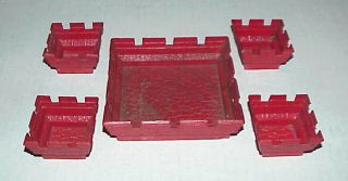 Marx Tin Litho Robin Hood Castle Red Tower Tops (1) 4 - 5/8 " & (4) 2 - 1/8 " Plastic