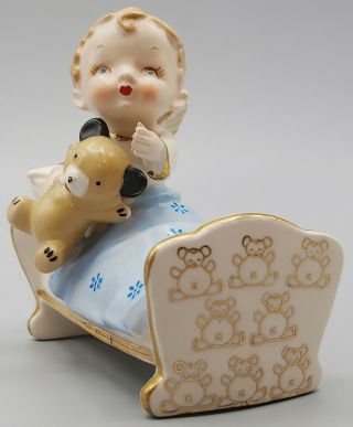 Vintage Ceramic Baby Angel Boy In Bed With His Teddy Bear