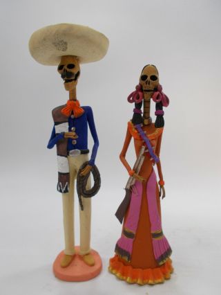 Set Of 2 Catrinas Day Of The Dead,  Mexican Hand Made Folk Art Clay Sculpture 10 "