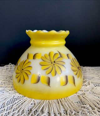 Vintage Glass Hurricane Lamp Shade - Hand Painted Yellow Pin Wheel Daisy Flowers