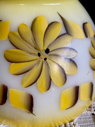 Vintage Glass Hurricane Lamp Shade - Hand Painted Yellow Pin Wheel Daisy Flowers 3