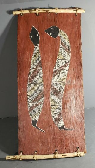 Australian Aboriginal Bark Painting " Snakes " Sign By Artist Arnhem Land Oenpelli