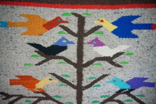Vintage Mexican Handwoven Rug Hanging Bird Tree Of Life Colorful Brown Wool 2