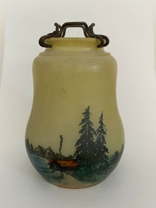 Vintage Small Yellow Glass Lamp Shade Forest Cabin Woods Hand Painted Lake