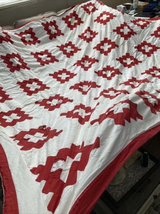 Vintage Hand Stitched Quilt Red And White Cotton 79” X 95” 9 - 29