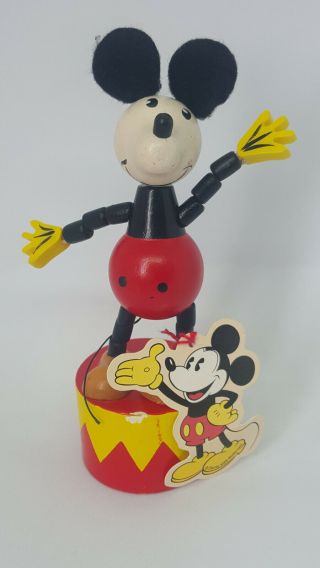 Retro Mickey Mouse Dancing Push Button Puppet Wood Toy 2002 W/tag