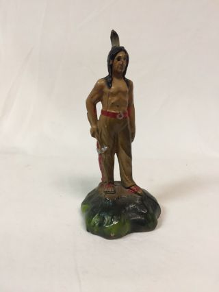 Vtg Cast Metal 4.  5” Native American Indian Toy Man Figure On Mound Of Earth