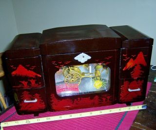 Vintage Japanese Lacquer Music Jewelry Box,  Automaton Rickshaw Lights All
