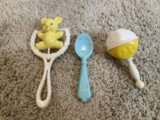 Vintage Hard Plastic Baby Rattle Teddy Bear Yellow And White Spoon Hong Kong
