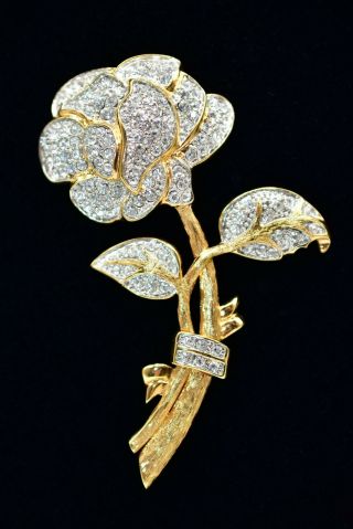 Vintage Signed Nolan Miller Pin Brooch Rose Flower Rhinestone Pave Gold Bin1