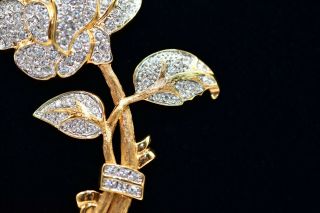 Vintage Signed Nolan Miller Pin Brooch Rose Flower Rhinestone Pave Gold Bin1 3