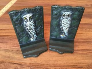 Vintage 1925 Judd Snowy Owl Ivy Cast Iron Bookends 9890 Art White Snow Green