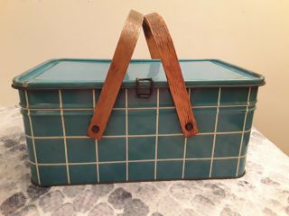 Vintage Mid Century Tin Metal Blue Plaid Wood Handles Picnic Basket Lunch Box