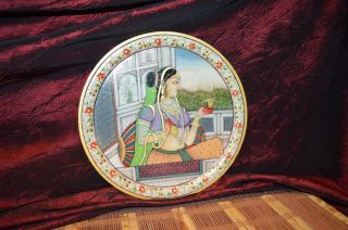 Indian Hand Painted Marble Decorative Plate With Raised Floral & Crystals 12 "