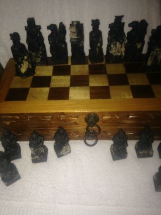 Asian Vintage Hand Carved Chinese Chess Set W Wood Folding Board