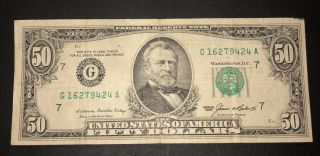 1985 (g) $50 Fifty Dollar Bill Federal Reserve Note Chicago Vintage Currency