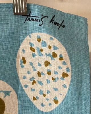 Vintage NOS Linen Tea Towel - Signed Tammis Keefe - Turquoise - Egg Head Hen & Chicks 2