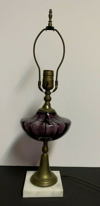 Vintage Mid Century Purple Glass Brass Marbled Base Table Lamp