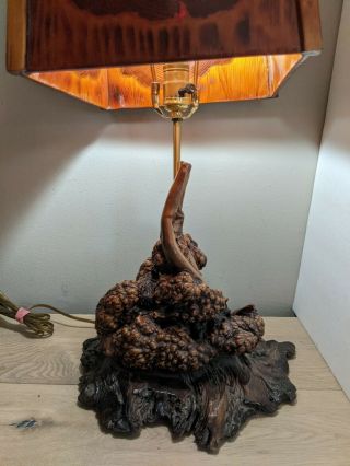 Vintage Mid Century Modern Burl Wood Lamp With Wood Lamp Shade 26 " Tall