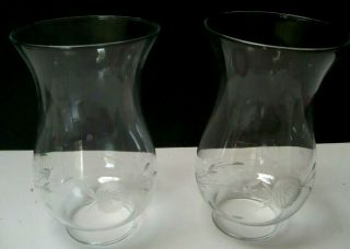 2 Vintage Glass Hurricane Lamp Shades Chimney Clear Etched 6 1/2 " /2 1/4 " Fitter